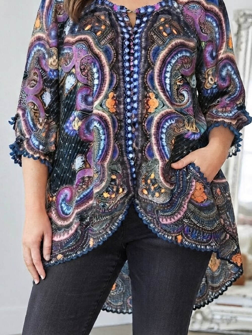 : Rose + Olive Boho Paisley Tunic Top Blouse Plus Size 2X Black Multicolor